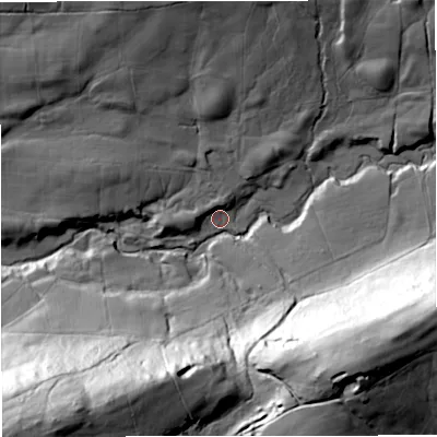 Shaded relief map of the ground around BB79HB, computed from Environment Agency LiDAR. The ground here sits at about 186 m above sea level and falls 76 m across the surrounding 800 m. Surface water reaching this point runs off ground lying to the north-east, 9.1 m higher.