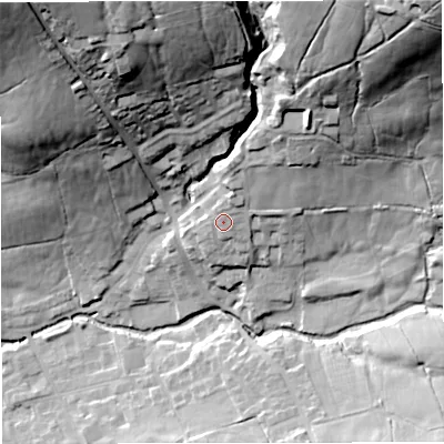 Shaded relief map of the ground around BB79HR, computed from Environment Agency LiDAR. The ground here sits at about 158 m above sea level and falls 70 m across the surrounding 800 m. Surface water reaching this point runs off ground lying to the north-north-east, 3.7 m higher.