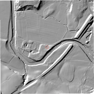 Shaded relief map of the ground around BB79HW, computed from Environment Agency LiDAR. The ground here sits at about 43 m above sea level and falls 19 m across the surrounding 800 m. Surface water reaching this point runs off ground lying to the south-south-east, 3.7 m higher.