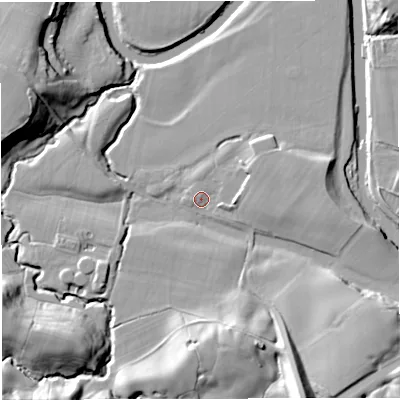 Shaded relief map of the ground around BB79HZ, computed from Environment Agency LiDAR. The ground here sits at about 41 m above sea level and falls 22 m across the surrounding 800 m. Surface water reaching this point runs off ground lying to the east, 3.3 m higher.
