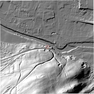 Shaded relief map of the ground around BB79NU, computed from Environment Agency LiDAR. The ground here sits at about 46 m above sea level and falls 117 m across the surrounding 800 m. Surface water reaching this point runs off ground lying to the south-south-west, 117.3 m higher.