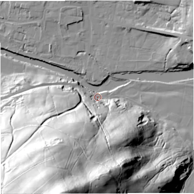 Shaded relief map of the ground around BB79NY, computed from Environment Agency LiDAR. The ground here sits at about 46 m above sea level and falls 141 m across the surrounding 800 m. Surface water reaching this point runs off ground lying to the south, 34.8 m higher.