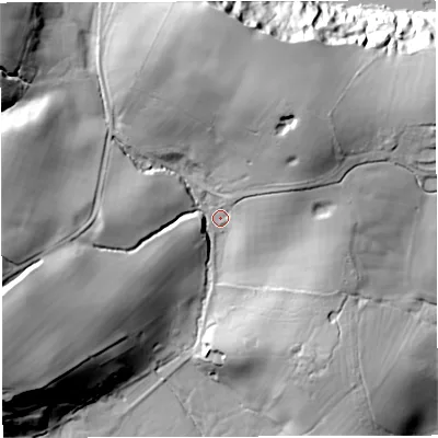Shaded relief map of the ground around BB79PN, computed from Environment Agency LiDAR. The ground here sits at about 55 m above sea level and falls 47 m across the surrounding 800 m. Surface water reaching this point runs off ground lying to the north-west, 30.3 m higher.