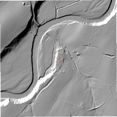 Shaded relief map of the ground around BB79PQ, computed from Environment Agency LiDAR. The ground here sits at about 48 m above sea level and falls 30 m across the surrounding 800 m. The ground contributing surface water to this point lies to the south-south-east.