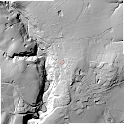 Shaded relief map of the ground around BB79QB, computed from Environment Agency LiDAR. The ground here sits at about 110 m above sea level and falls 52 m across the surrounding 800 m. Surface water reaching this point runs off ground lying to the east-south-east, 7.2 m higher.