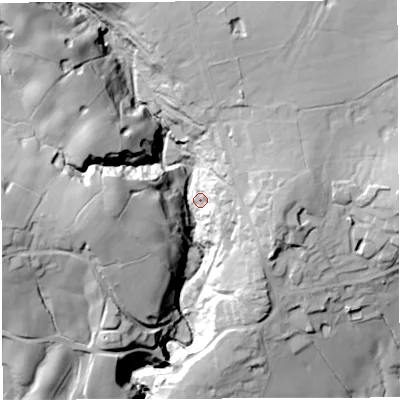 Shaded relief map of the ground around BB79QD, computed from Environment Agency LiDAR. The ground here sits at about 91 m above sea level and falls 60 m across the surrounding 800 m. Surface water reaching this point runs off ground lying to the north-west, 54.1 m higher.