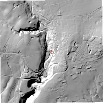 Shaded relief map of the ground around BB79QF, computed from Environment Agency LiDAR. The ground here sits at about 91 m above sea level and falls 64 m across the surrounding 800 m. Surface water reaching this point runs off ground lying to the north-west, 49.3 m higher.