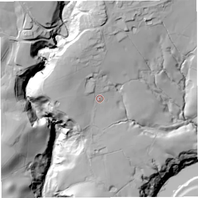 Shaded relief map of the ground around BB79QN, computed from Environment Agency LiDAR. The ground here sits at about 81 m above sea level and falls 84 m across the surrounding 800 m. Surface water reaching this point runs off ground lying to the north-west, 20.2 m higher.