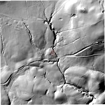 Shaded relief map of the ground around BB79QP, computed from Environment Agency LiDAR. The ground here sits at about 106 m above sea level and falls 65 m across the surrounding 800 m. Surface water reaching this point runs off ground lying to the north-east, 44.7 m higher.