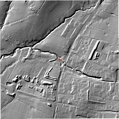 Shaded relief map of the ground around BB79RB, computed from Environment Agency LiDAR. The ground here sits at about 72 m above sea level and falls 27 m across the surrounding 800 m. Surface water reaching this point runs off ground lying to the east, 20.1 m higher.