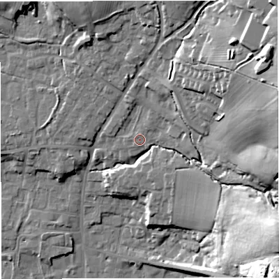 Shaded relief map of the ground around BB79RG, computed from Environment Agency LiDAR. The ground here sits at about 53 m above sea level and falls 38 m across the surrounding 800 m. Surface water reaching this point runs off ground lying to the north-east, 1.4 m higher.