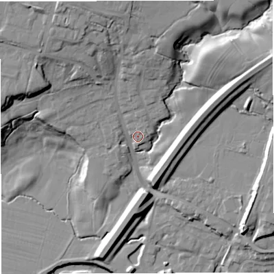 Shaded relief map of the ground around BB79RY, computed from Environment Agency LiDAR. The ground here sits at about 49 m above sea level and falls 23 m across the surrounding 800 m. Surface water reaching this point runs off ground lying to the north-north-west, 14.1 m higher.