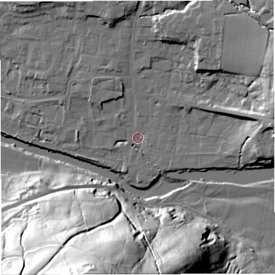 Shaded relief map of the ground around BB79SL, computed from Environment Agency LiDAR. The ground here sits at about 45 m above sea level and falls 88 m across the surrounding 800 m. Surface water reaching this point runs off ground lying to the east-north-east, 18.2 m higher.
