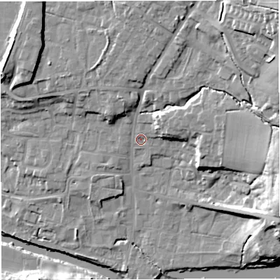 Shaded relief map of the ground around BB79SN, computed from Environment Agency LiDAR. The ground here sits at about 48 m above sea level and falls 30 m across the surrounding 800 m. Surface water reaching this point runs off ground lying to the north-east, 22.8 m higher.