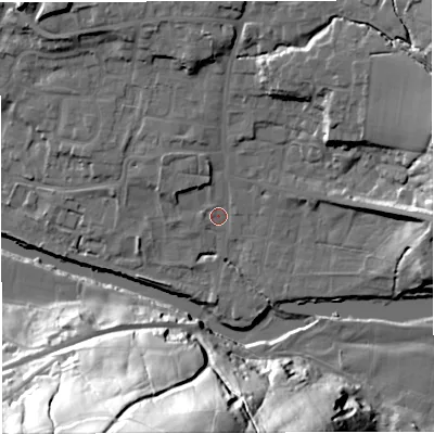 Shaded relief map of the ground around BB79SP, computed from Environment Agency LiDAR. The ground here sits at about 45 m above sea level and falls 71 m across the surrounding 800 m. Surface water reaching this point runs off ground lying to the north-east, 15.3 m higher.