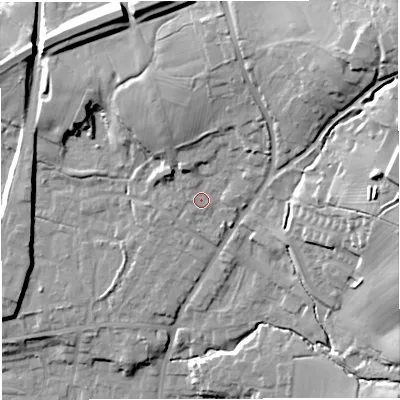 Shaded relief map of the ground around BB79SQ, computed from Environment Agency LiDAR. The ground here sits at about 57 m above sea level and falls 30 m across the surrounding 800 m. Surface water reaching this point runs off ground lying to the north-north-east, 10.2 m higher.