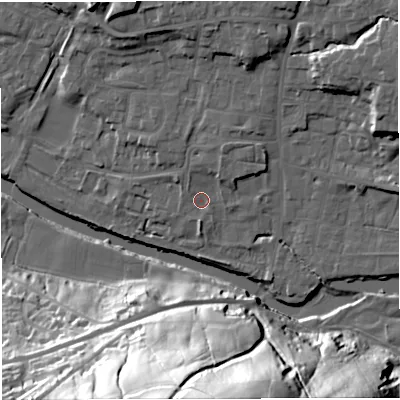 Shaded relief map of the ground around BB79SS, computed from Environment Agency LiDAR. The ground here sits at about 45 m above sea level and falls 70 m across the surrounding 800 m. Surface water reaching this point runs off ground lying to the north-north-east, 3.5 m higher.