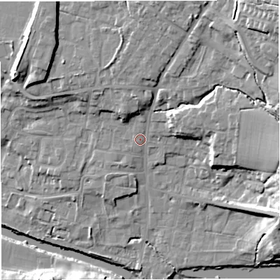 Shaded relief map of the ground around BB79SW, computed from Environment Agency LiDAR. The ground here sits at about 48 m above sea level and falls 28 m across the surrounding 800 m. Surface water reaching this point runs off ground lying to the north-east, 20.3 m higher.
