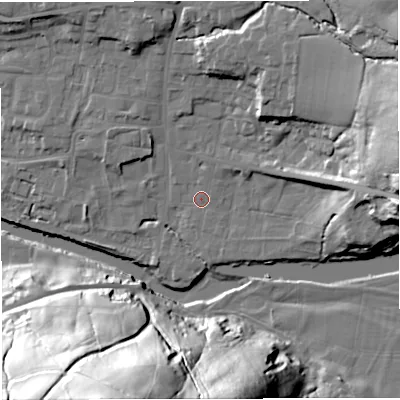 Shaded relief map of the ground around BB79TA, computed from Environment Agency LiDAR. The ground here sits at about 46 m above sea level and falls 79 m across the surrounding 800 m. Surface water reaching this point runs off ground lying to the east, 24.2 m higher.