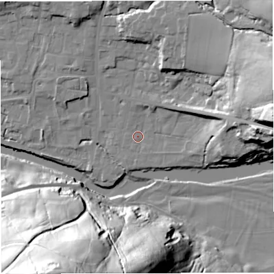 Shaded relief map of the ground around BB79TB, computed from Environment Agency LiDAR. The ground here sits at about 46 m above sea level and falls 89 m across the surrounding 800 m. Surface water reaching this point runs off ground lying to the east, 34.2 m higher.