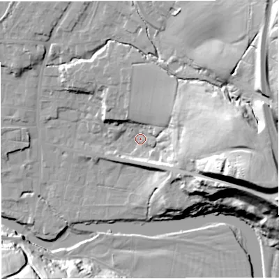 Shaded relief map of the ground around BB79TF, computed from Environment Agency LiDAR. The ground here sits at about 49 m above sea level and falls 49 m across the surrounding 800 m. Surface water reaching this point runs off ground lying to the east, 33.8 m higher.