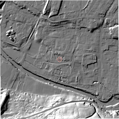 Shaded relief map of the ground around BB79TL, computed from Environment Agency LiDAR. The ground here sits at about 45 m above sea level and falls 44 m across the surrounding 800 m. Surface water reaching this point runs off ground lying to the east, 3.3 m higher.