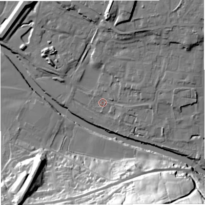 Shaded relief map of the ground around BB79TN, computed from Environment Agency LiDAR. The ground here sits at about 43 m above sea level and falls 50 m across the surrounding 800 m. Surface water reaching this point runs off ground lying to the east, 5.1 m higher.