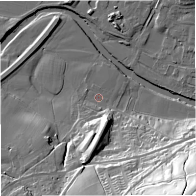 Shaded relief map of the ground around BB79TP, computed from Environment Agency LiDAR. The ground here sits at about 44 m above sea level and falls 79 m across the surrounding 800 m. Surface water reaching this point runs off ground lying to the south, 21.7 m higher.