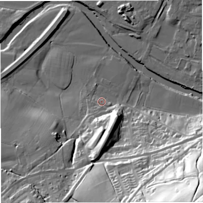 Shaded relief map of the ground around BB79TR, computed from Environment Agency LiDAR. The ground here sits at about 45 m above sea level and falls 85 m across the surrounding 800 m. Surface water reaching this point runs off ground lying to the south, 14.7 m higher.
