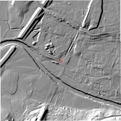 Shaded relief map of the ground around BB79TW, computed from Environment Agency LiDAR. The ground here sits at about 43 m above sea level and falls 26 m across the surrounding 800 m. Surface water reaching this point runs off ground lying to the north-north-east, 13.0 m higher.