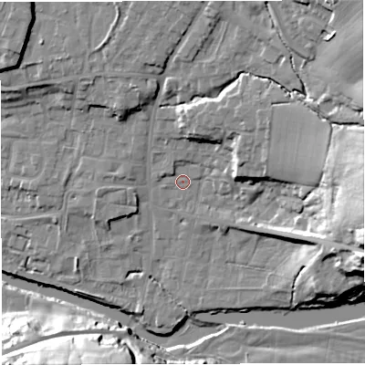 Shaded relief map of the ground around BB79TY, computed from Environment Agency LiDAR. The ground here sits at about 47 m above sea level and falls 31 m across the surrounding 800 m. Surface water reaching this point runs off ground lying to the north-north-east, 8.2 m higher.