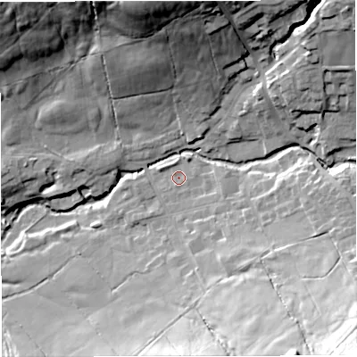 Shaded relief map of the ground around BB79UB, computed from Environment Agency LiDAR. The ground here sits at about 143 m above sea level and falls 53 m across the surrounding 800 m. Surface water reaching this point runs off ground lying to the east-south-east, 6.7 m higher.
