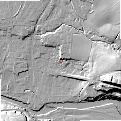 Shaded relief map of the ground around BB79UD, computed from Environment Agency LiDAR. The ground here sits at about 48 m above sea level and falls 45 m across the surrounding 800 m. Surface water reaching this point runs off ground lying to the north-east, 7.8 m higher.