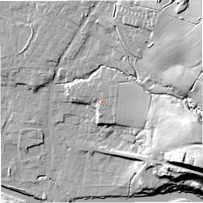 Shaded relief map of the ground around BB79UG, computed from Environment Agency LiDAR. The ground here sits at about 54 m above sea level and falls 45 m across the surrounding 800 m. Surface water reaching this point runs off ground lying to the east-north-east, 5.4 m higher.