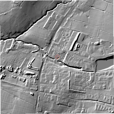 Shaded relief map of the ground around BB79UN, computed from Environment Agency LiDAR. The ground here sits at about 75 m above sea level and falls 30 m across the surrounding 800 m. Surface water reaching this point runs off ground lying to the east, 18.7 m higher.