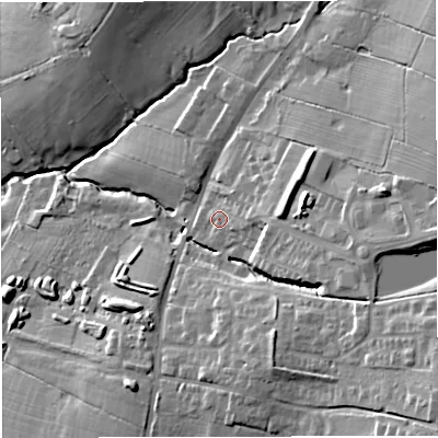 Shaded relief map of the ground around BB79UP, computed from Environment Agency LiDAR. The ground here sits at about 75 m above sea level and falls 28 m across the surrounding 800 m. Surface water reaching this point runs off ground lying to the east, 5.2 m higher.