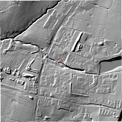 Shaded relief map of the ground around BB79UQ, computed from Environment Agency LiDAR. The ground here sits at about 75 m above sea level and falls 30 m across the surrounding 800 m. Surface water reaching this point runs off ground lying to the east, 19.1 m higher.