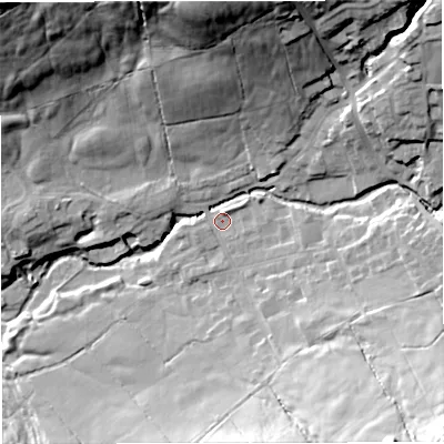 Shaded relief map of the ground around BB79UX, computed from Environment Agency LiDAR. The ground here sits at about 143 m above sea level and falls 47 m across the surrounding 800 m. Surface water reaching this point runs off ground lying to the south-east, 36.9 m higher.