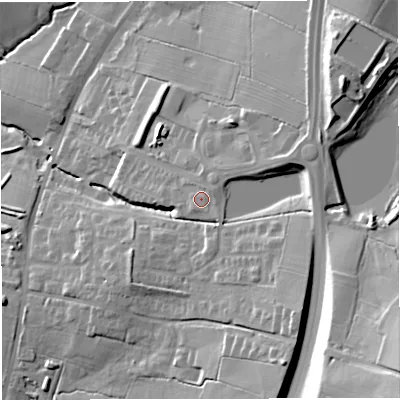 Shaded relief map of the ground around BB79WD, computed from Environment Agency LiDAR. The ground here sits at about 85 m above sea level and falls 39 m across the surrounding 800 m. Surface water reaching this point runs off ground lying to the east-south-east, 8.4 m higher.