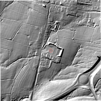 Shaded relief map of the ground around BB79WN, computed from Environment Agency LiDAR. The ground here sits at about 72 m above sea level and falls 31 m across the surrounding 800 m. Surface water reaching this point runs off ground lying to the south-east, 1.7 m higher.