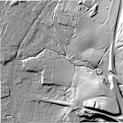 Shaded relief map of the ground around BB79WS, computed from Environment Agency LiDAR. The ground here sits at about 56 m above sea level and falls 50 m across the surrounding 800 m. Surface water reaching this point runs off ground lying to the east-north-east, 38.0 m higher.