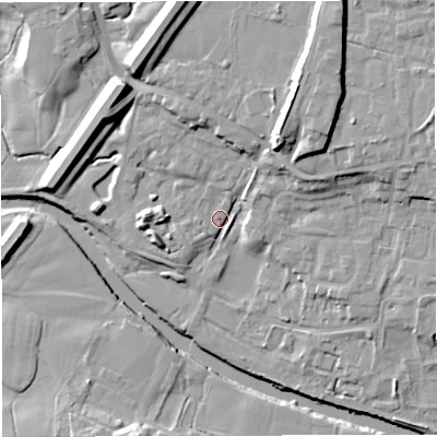Shaded relief map of the ground around BB79YN, computed from Environment Agency LiDAR. The ground here sits at about 45 m above sea level and falls 18 m across the surrounding 800 m. Surface water reaching this point runs off ground lying to the north-east, 12.5 m higher.