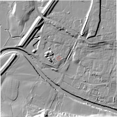 Shaded relief map of the ground around BB79YP, computed from Environment Agency LiDAR. The ground here sits at about 45 m above sea level and falls 25 m across the surrounding 800 m. The ground contributing surface water to this point lies to the north-north-west.