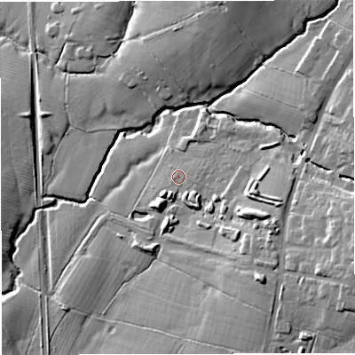 Shaded relief map of the ground around BB79ZP, computed from Environment Agency LiDAR. The ground here sits at about 68 m above sea level and falls 24 m across the surrounding 800 m. Surface water reaching this point runs off ground lying to the east-south-east, 9.3 m higher.