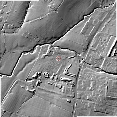 Shaded relief map of the ground around BB79ZR, computed from Environment Agency LiDAR. The ground here sits at about 70 m above sea level and falls 25 m across the surrounding 800 m. Surface water reaching this point runs off ground lying to the south-east, 5.7 m higher.