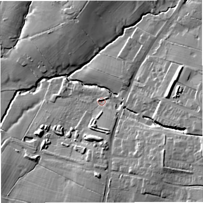 Shaded relief map of the ground around BB79ZS, computed from Environment Agency LiDAR. The ground here sits at about 71 m above sea level and falls 26 m across the surrounding 800 m. Surface water reaching this point runs off ground lying to the south-south-east, 4.5 m higher.