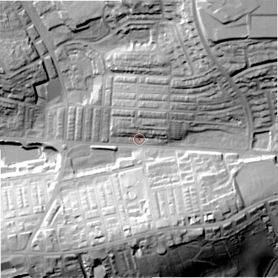 Shaded relief map of the ground around BB80BQ, computed from Environment Agency LiDAR. The ground here sits at about 173 m above sea level and falls 51 m across the surrounding 800 m. Surface water reaching this point runs off ground lying to the north-east, 32.2 m higher.