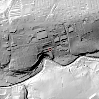 Shaded relief map of the ground around BB80JY, computed from Environment Agency LiDAR. The ground here sits at about 163 m above sea level and falls 58 m across the surrounding 800 m. Surface water reaching this point runs off ground lying to the north-north-west, 29.7 m higher.