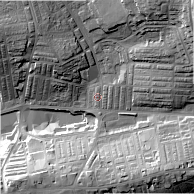Shaded relief map of the ground around BB80NU, computed from Environment Agency LiDAR. The ground here sits at about 173 m above sea level and falls 43 m across the surrounding 800 m. Surface water reaching this point runs off ground lying to the north-east, 3.1 m higher.
