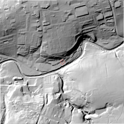 Shaded relief map of the ground around BB80TA, computed from Environment Agency LiDAR. The ground here sits at about 143 m above sea level and falls 61 m across the surrounding 800 m. Surface water reaching this point runs off ground lying to the north, 43.3 m higher.